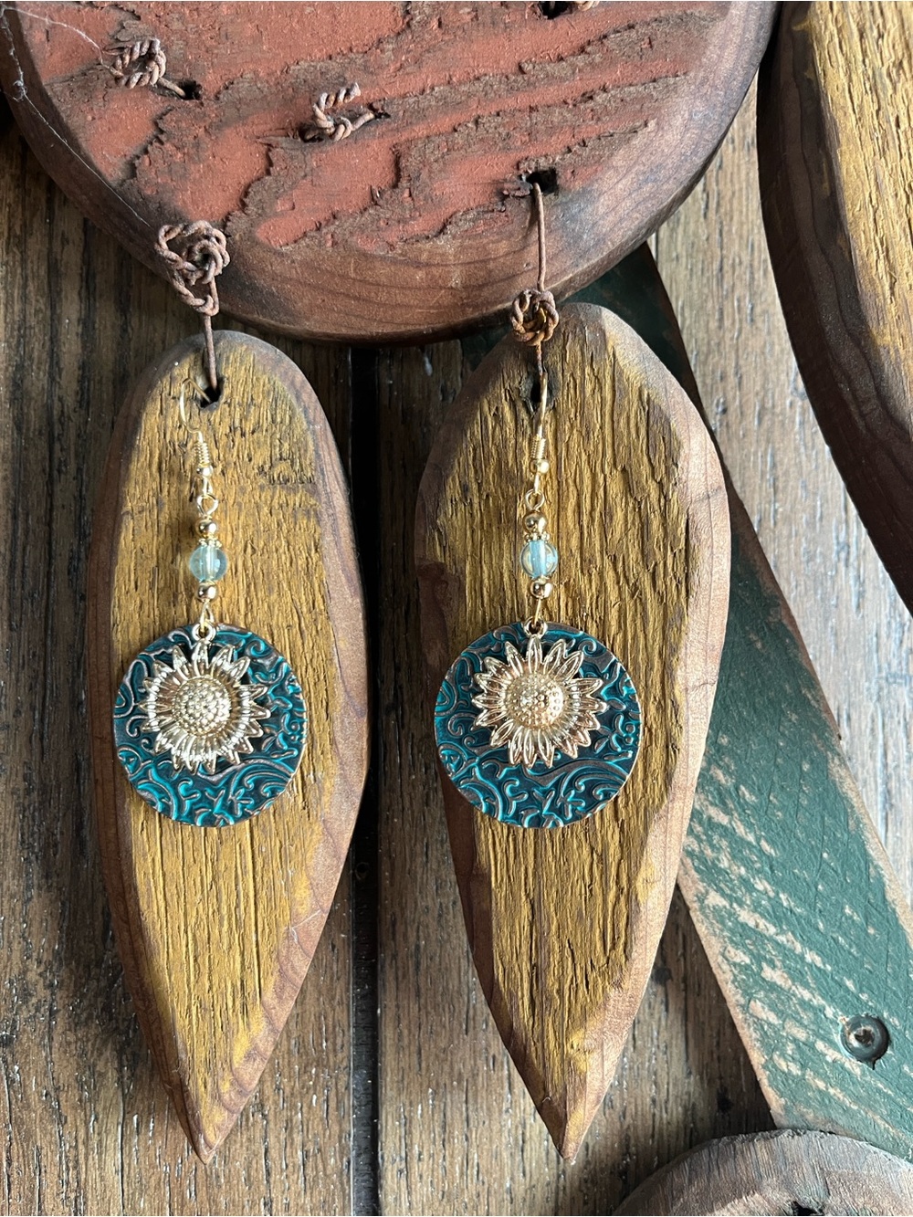 Sunflower Drop Earrings in Teal and Gold - Women Jewelry